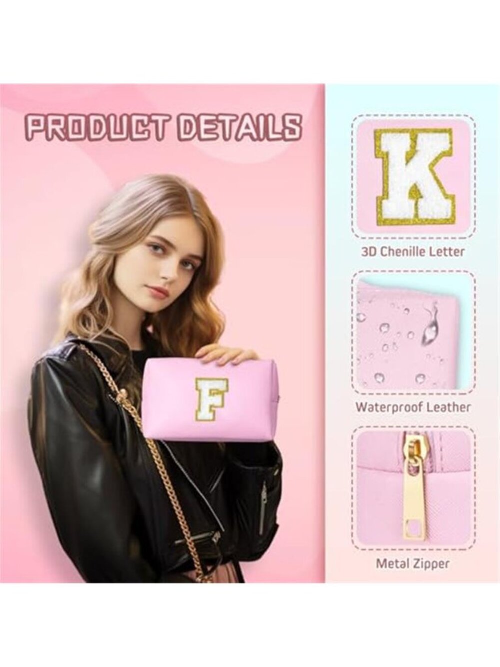 Pink Initial B Makeup Bag Girls Toiletry Pouch PU Leather Personalized Gift